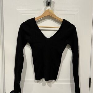 Mango Black Ribbed V-Neck Long Sleeve Top